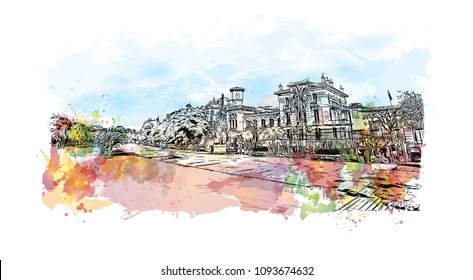 Landmark with building view of Nice, City in France. Watercolor splash with hand drawn sketch illustration in vector.