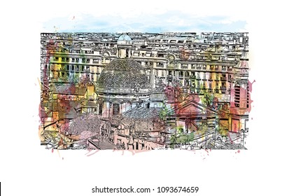 Landmark with building view of Nice, City in France. Watercolor splash with hand drawn sketch illustration in vector.
