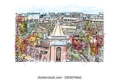 Landmark with building view of Nice, City in France. Watercolor splash with hand drawn sketch illustration in vector.