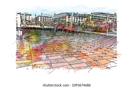 Landmark with building view of Nice, City in France. Watercolor splash with hand drawn sketch illustration in vector.