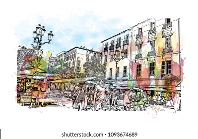 Landmark with building view of Nice, City in France. Watercolor splash with hand drawn sketch illustration in vector.