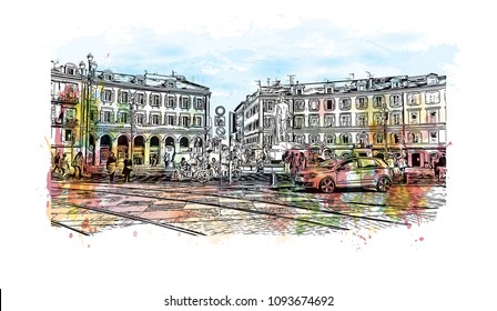 Landmark with building view of Nice, City in France. Watercolor splash with hand drawn sketch illustration in vector.
