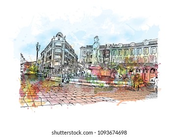 Landmark with building view of Nice, City in France. Watercolor splash with hand drawn sketch illustration in vector.