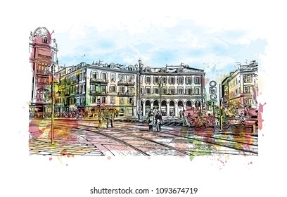 Landmark with building view of Nice, City in France. Watercolor splash with hand drawn sketch illustration in vector.