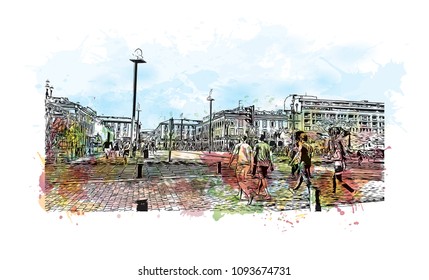 Landmark with building view of Nice, City in France. Watercolor splash with hand drawn sketch illustration in vector.