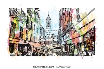 Landmark with building view of Nice, City in France. Watercolor splash with hand drawn sketch illustration in vector.