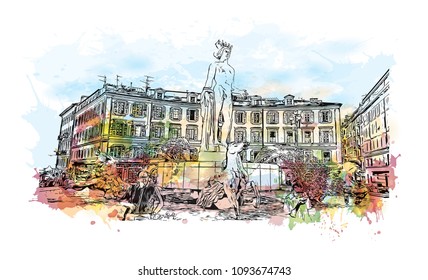 Landmark with building view of Nice, City in France. Watercolor splash with hand drawn sketch illustration in vector.