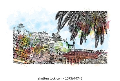 Landmark with building view of Nice, City in France. Watercolor splash with hand drawn sketch illustration in vector.