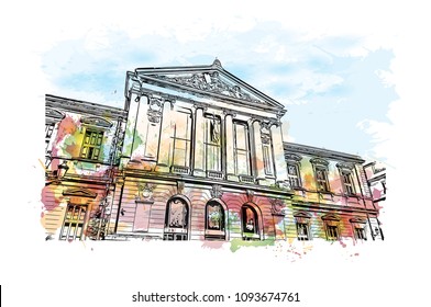 Landmark with building view of Nice, City in France. Watercolor splash with hand drawn sketch illustration in vector.