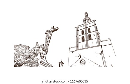 Landmark with building view of The Palais des Papes is a historical palace located in Avignon, southern France. Hand drawn sketch illustration in vector.