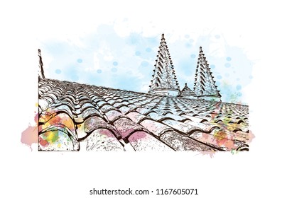 Landmark with building view of The Palais des Papes is a historical palace located in Avignon, southern France. Watercolor splash with Hand drawn sketch illustration in vector.