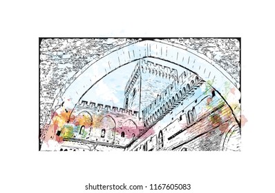 Landmark with building view of The Palais des Papes is a historical palace located in Avignon, southern France. Watercolor splash with Hand drawn sketch illustration in vector.