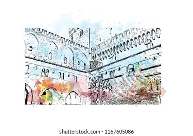 Landmark with building view of The Palais des Papes is a historical palace located in Avignon, southern France. Watercolor splash with Hand drawn sketch illustration in vector.