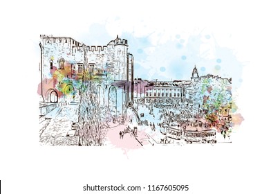 Landmark with building view of The Palais des Papes is a historical palace located in Avignon, southern France. Watercolor splash with Hand drawn sketch illustration in vector.