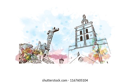 Landmark with building view of The Palais des Papes is a historical palace located in Avignon, southern France. Watercolor splash with Hand drawn sketch illustration in vector.