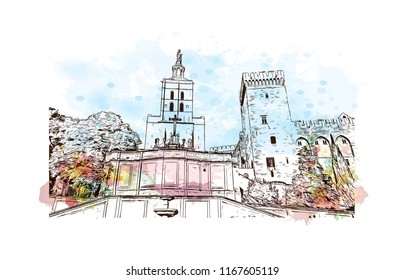 Landmark with building view of The Palais des Papes is a historical palace located in Avignon, southern France. Watercolor splash with Hand drawn sketch illustration in vector.