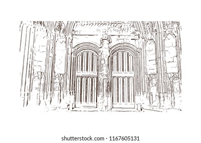 Landmark with building view of The Palais des Papes is a historical palace located in Avignon, southern France. Hand drawn sketch illustration in vector.