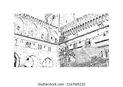 Landmark with building view of The Palais des Papes is a historical palace located in Avignon, southern France. Hand drawn sketch illustration in vector.