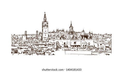 Lugar emblemático con vistas a Sevilla es la capital del sur de España. Dibujo dibujado a mano en vector.