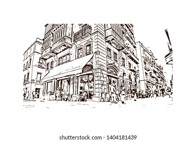 Landmark with building view of Seville is the capital of southern Spain. Hand drawn sketch illustration in vector.