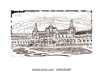 Landmark with building view of Seville is the capital of southern Spain. Hand drawn sketch illustration in vector.