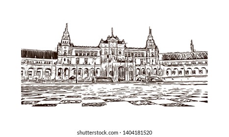 Landmark with building view of Seville is the capital of southern Spain. Hand drawn sketch illustration in vector.