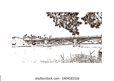 Landmark with building view of Seville is the capital of southern Spain. Hand drawn sketch illustration in vector.