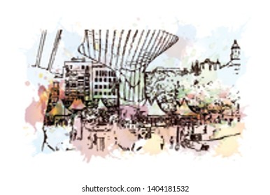 Landmark with building view of Seville is the capital of southern Spain. Watercolor splash with Hand drawn sketch illustration in vector.