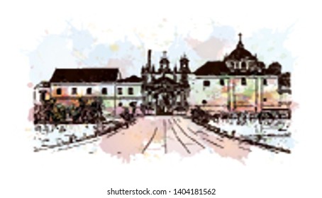 Landmark with building view of Seville is the capital of southern Spain. Watercolor splash with Hand drawn sketch illustration in vector.