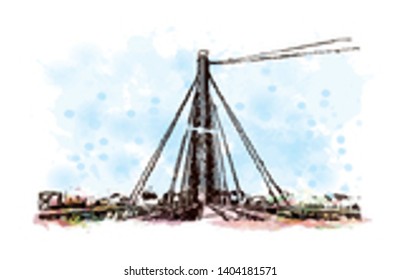 Landmark with building view of Seville is the capital of southern Spain. Watercolor splash with Hand drawn sketch illustration in vector.
