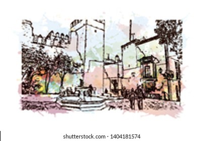 Landmark with building view of Seville is the capital of southern Spain. Watercolor splash with Hand drawn sketch illustration in vector.