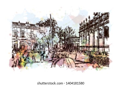 Landmark with building view of Seville is the capital of southern Spain. Watercolor splash with Hand drawn sketch illustration in vector.