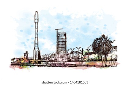 Landmark with building view of Seville is the capital of southern Spain. Watercolor splash with Hand drawn sketch illustration in vector.