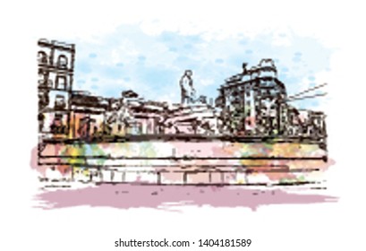 Landmark with building view of Seville is the capital of southern Spain. Watercolor splash with Hand drawn sketch illustration in vector.