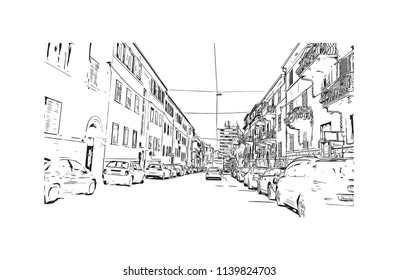 Landmark with building view of Split City in Croatia. Hand drawn sketch illustration in vector.