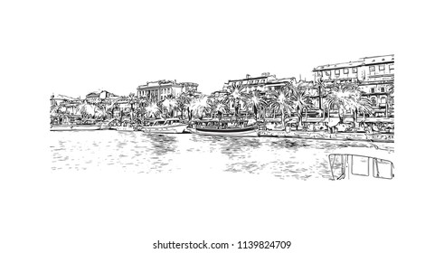 Landmark with building view of Split City in Croatia. Hand drawn sketch illustration in vector.