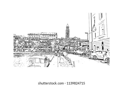 Landmark with building view of Split City in Croatia. Hand drawn sketch illustration in vector.