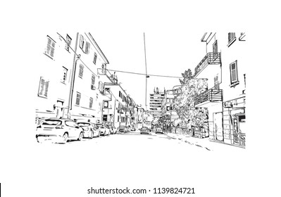 Landmark with building view of Split City in Croatia. Hand drawn sketch illustration in vector.