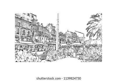Landmark with building view of Split City in Croatia. Hand drawn sketch illustration in vector.