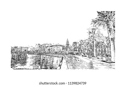 Landmark with building view of Split City in Croatia. Hand drawn sketch illustration in vector.