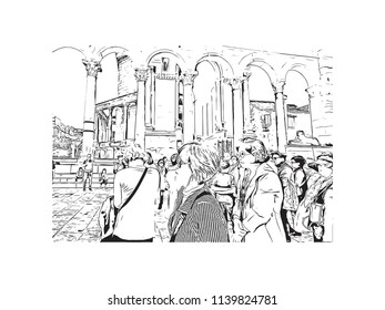 Landmark with building view of Split City in Croatia. Hand drawn sketch illustration in vector.