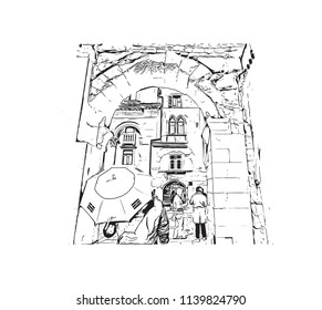 Landmark with building view of Split City in Croatia. Hand drawn sketch illustration in vector.
