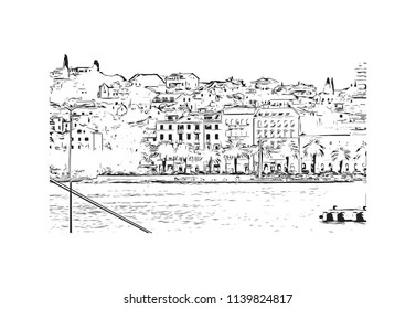Landmark with building view of Split City in Croatia. Hand drawn sketch illustration in vector.
