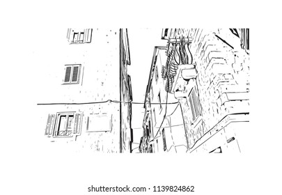 Landmark with building view of Split City in Croatia. Hand drawn sketch illustration in vector.