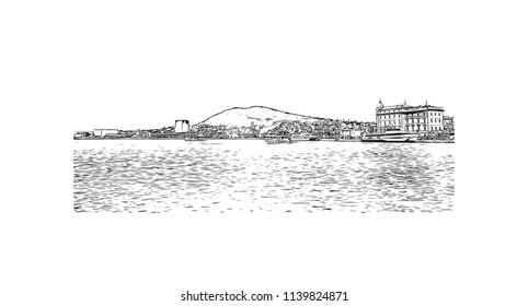 Landmark with building view of Split City in Croatia. Hand drawn sketch illustration in vector.