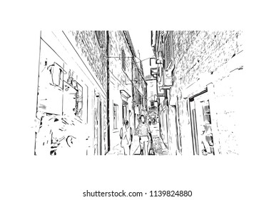 Landmark with building view of Split City in Croatia. Hand drawn sketch illustration in vector.