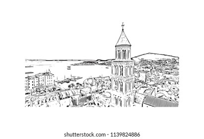 Landmark with building view of Split City in Croatia. Hand drawn sketch illustration in vector.