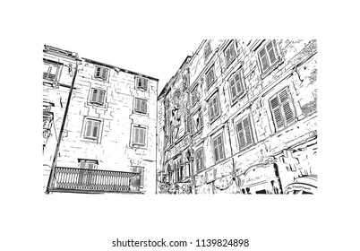 Landmark with building view of Split City in Croatia. Hand drawn sketch illustration in vector.