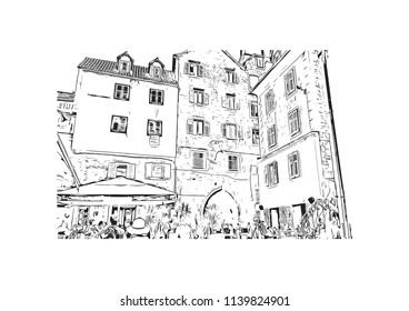 Landmark with building view of Split City in Croatia. Hand drawn sketch illustration in vector.