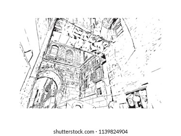 Landmark with building view of Split City in Croatia. Hand drawn sketch illustration in vector.